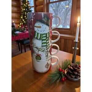 Pier 1 Holiday Snowman Stackable Mugs Set of 4 w Metal Rack